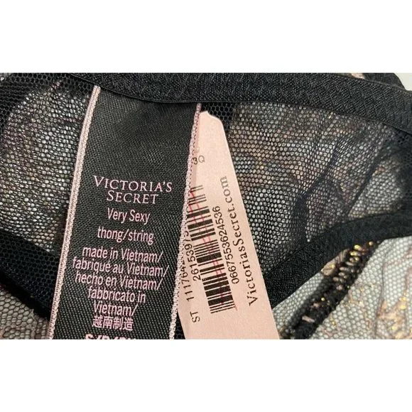 NWT VICTORIA'S SECRET Very Sexy Thong Sz LARGE Black Mesh Lace Metallic Floral - Picture 5 of 7